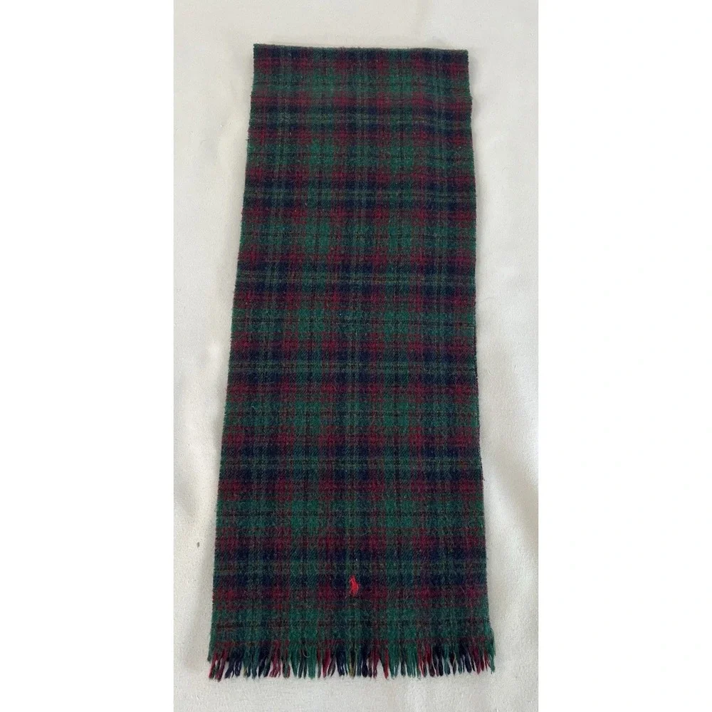VTG Polo Ralph Lauren Men's Lambwool Plaid Scarf Red Green 58